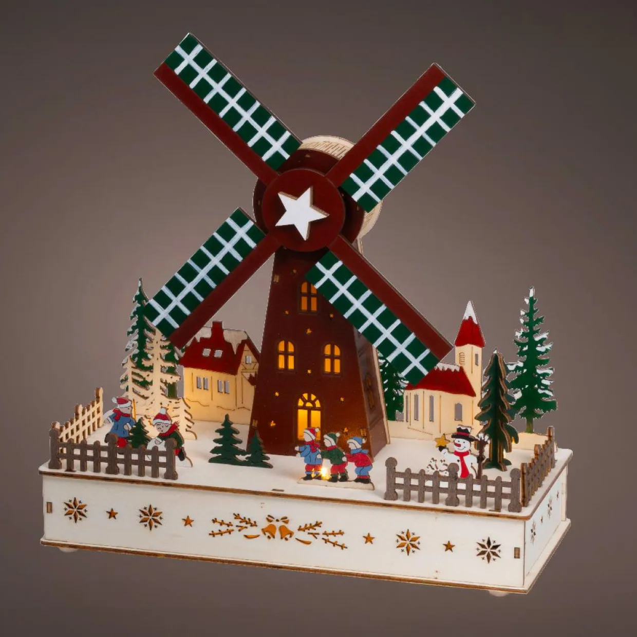Village de Noël en bois lumineux, animé et musical à piles (H29 cm) Moulin à vent