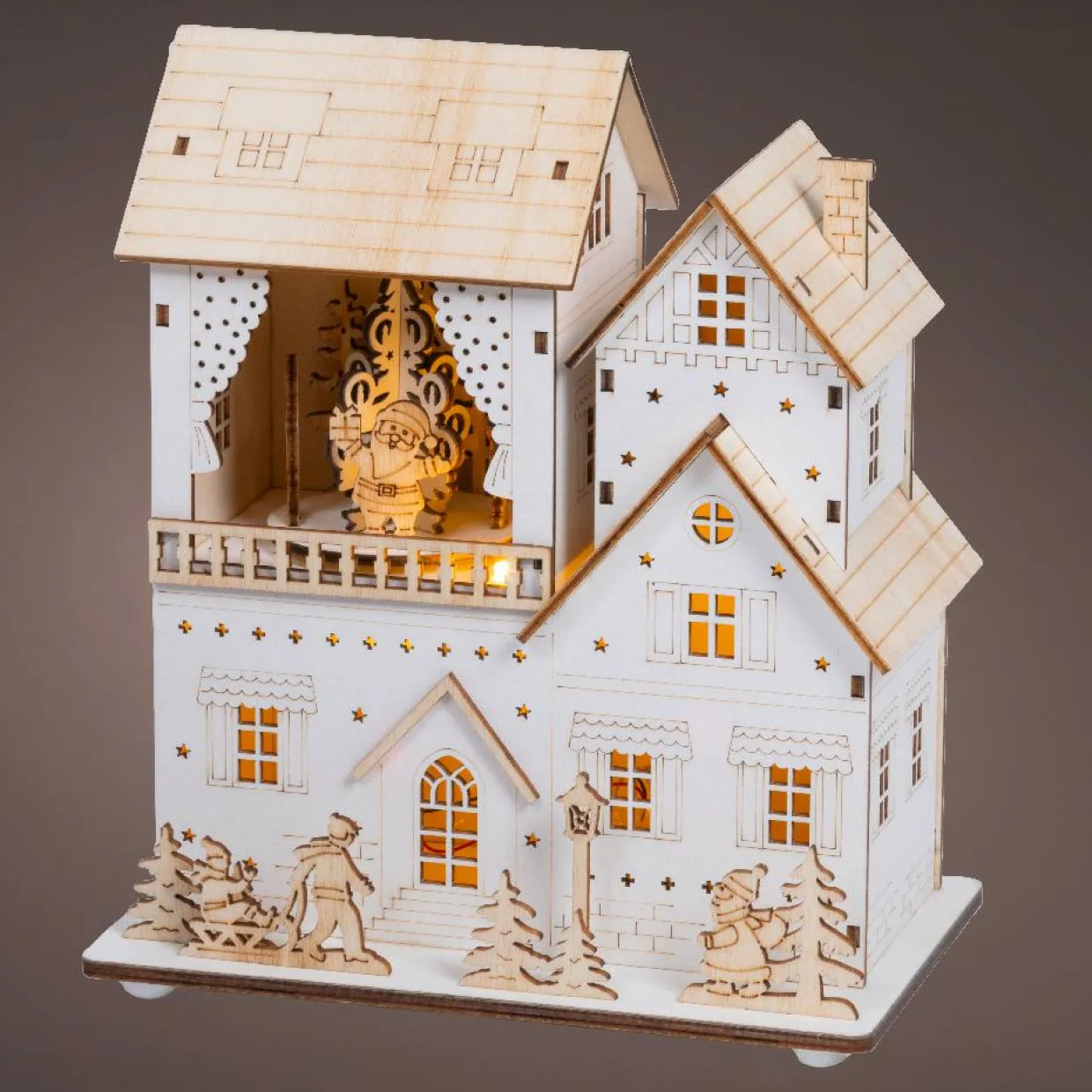 Village de Noël en bois lumineux animé et musical à piles (H22 cm) Pavillon festif