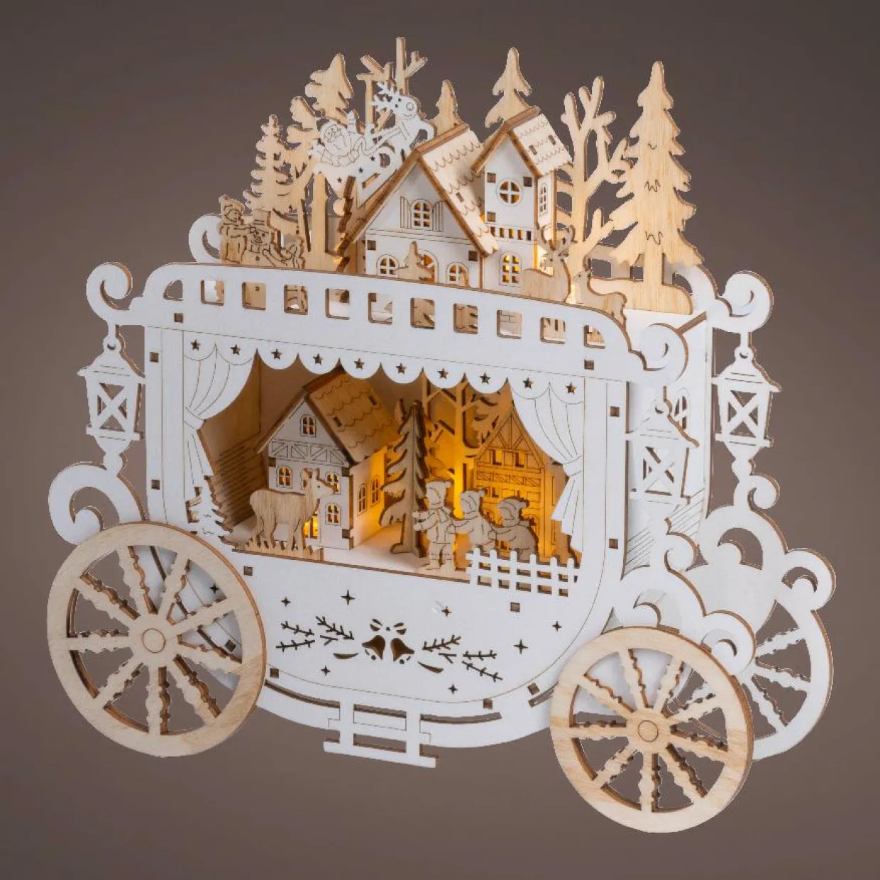 Village de Noël en bois lumineux à piles (H23 cm) Diligence