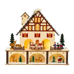 Village de Noël en bois lumineux et musical à piles (27 x H24 cm) Chalet Suisse Coloré