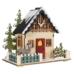 Village de Noël en bois lumineux à piles (15 x H13 cm) Chalet en Forêt