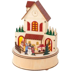 Village de Noël en bois lumineux et musical à piles (H20 cm) Maison joyeuse Colorée