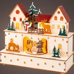 Village de Noël en bois lumineux et musical à piles (24 x H21 cm) Village et animaux