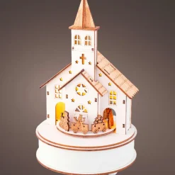 Village de Noël en bois lumineux et musical à piles (H24 cm) Église et train