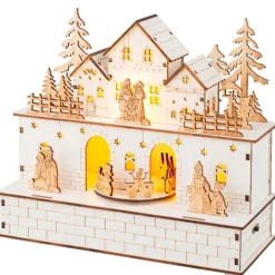 Village de Noël en bois lumineux et musical à piles (21 x H24 cm) Villageois en fête