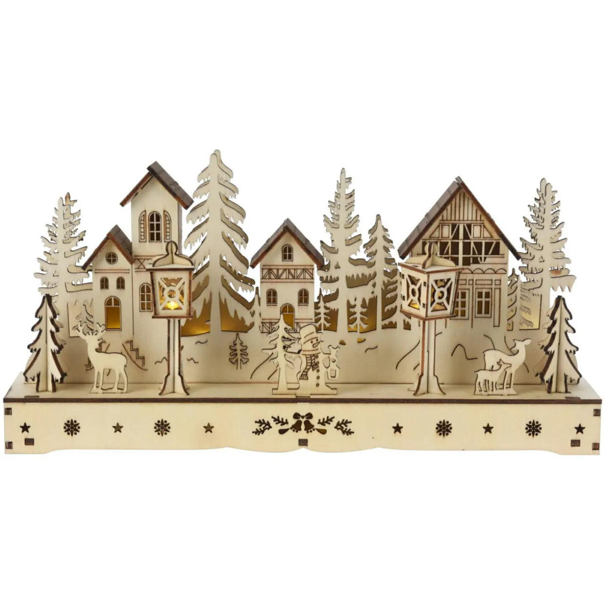 Village de Noël en bois lumineux à piles (29 x H14 cm) Square enchanté Naturel