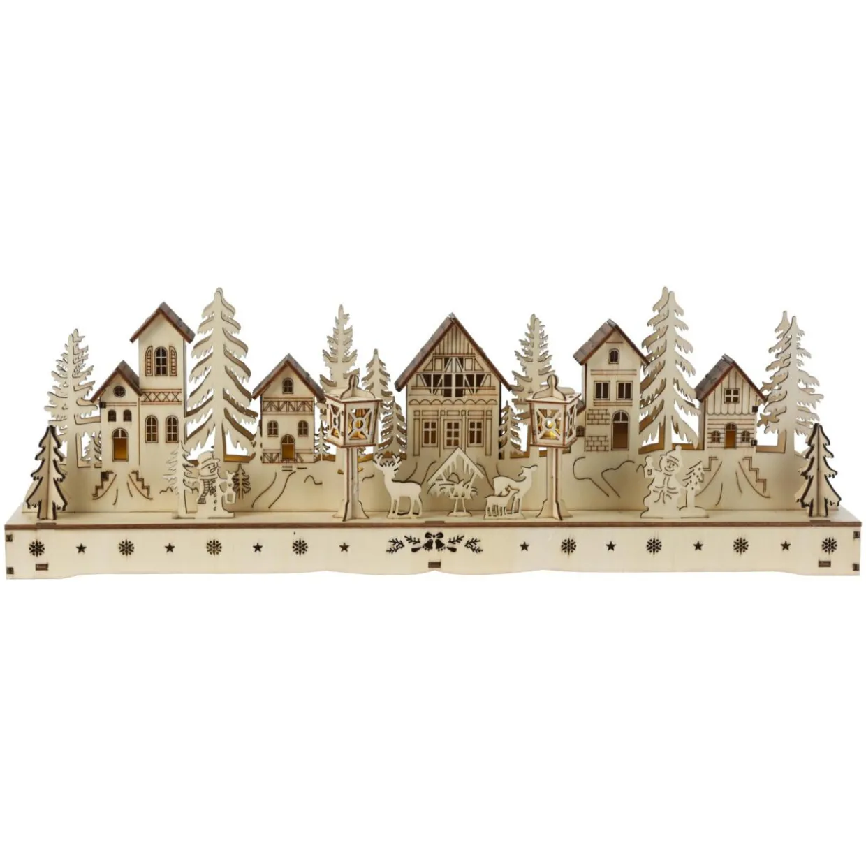 Village de Noël en bois lumineux à piles (45 x H15 cm) Square enchanté Naturel