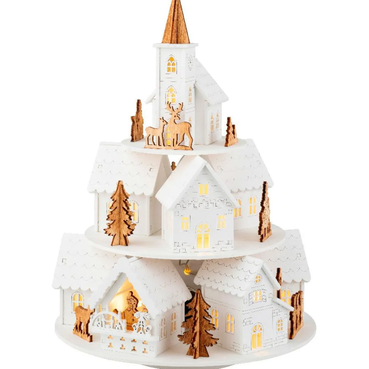 Village de Noël en bois lumineux et musical à piles (H28 cm) Maisons sur colline