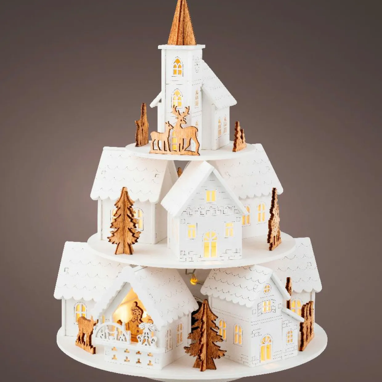 Village de Noël en bois lumineux et musical à piles (H28 cm) Maisons sur colline