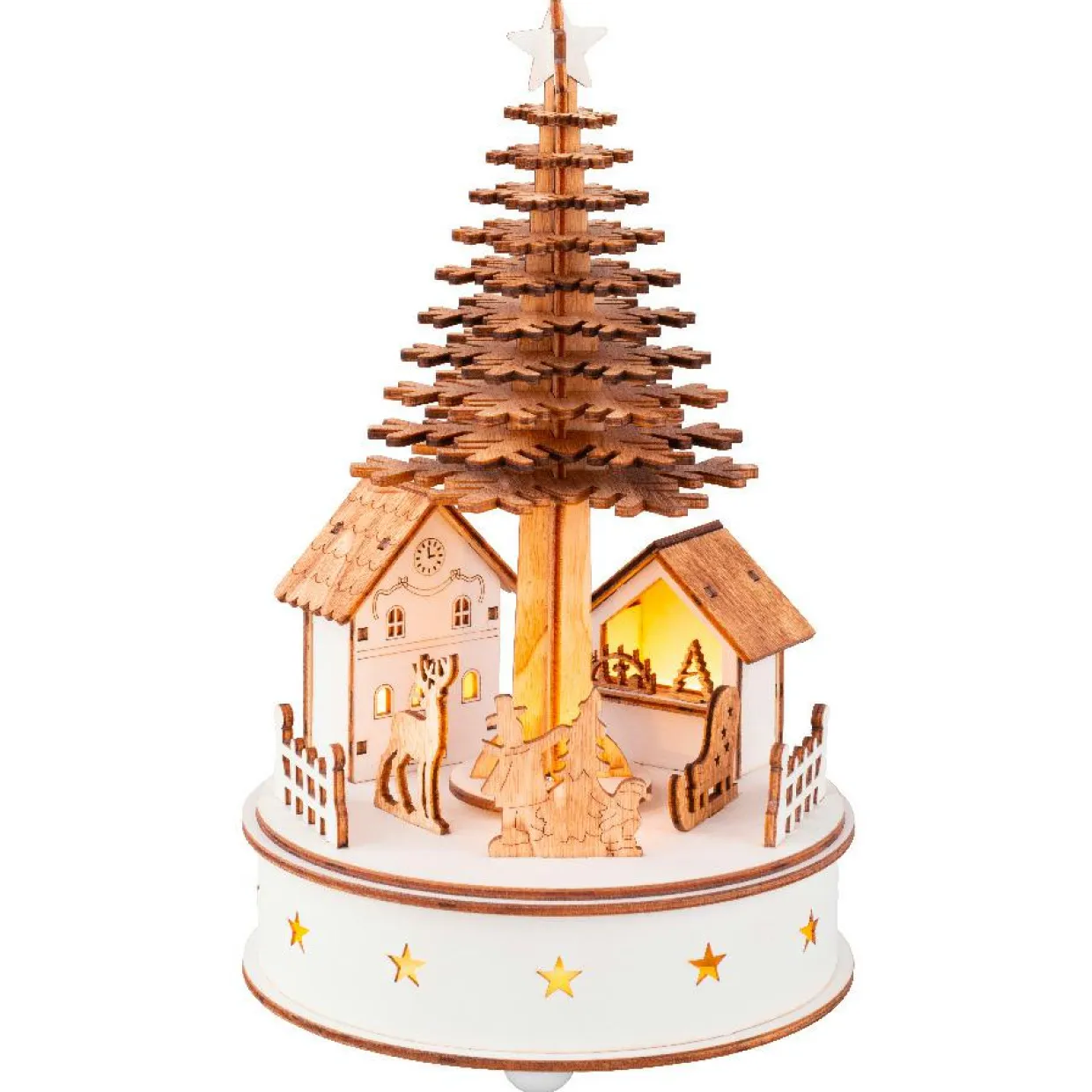 Village de Noël en bois lumineux et musical à piles (H25 cm) Sapin de Noël