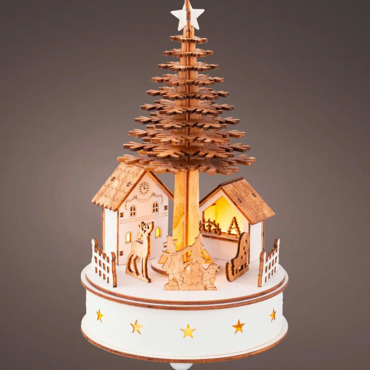 Village de Noël en bois lumineux et musical à piles (H25 cm) Sapin de Noël
