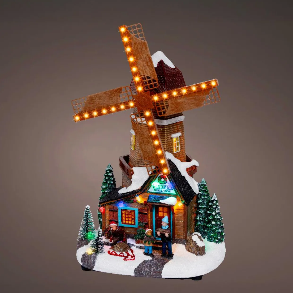 Village de Noël lumineux, animé et musical (H34 cm) Moulin et enfants