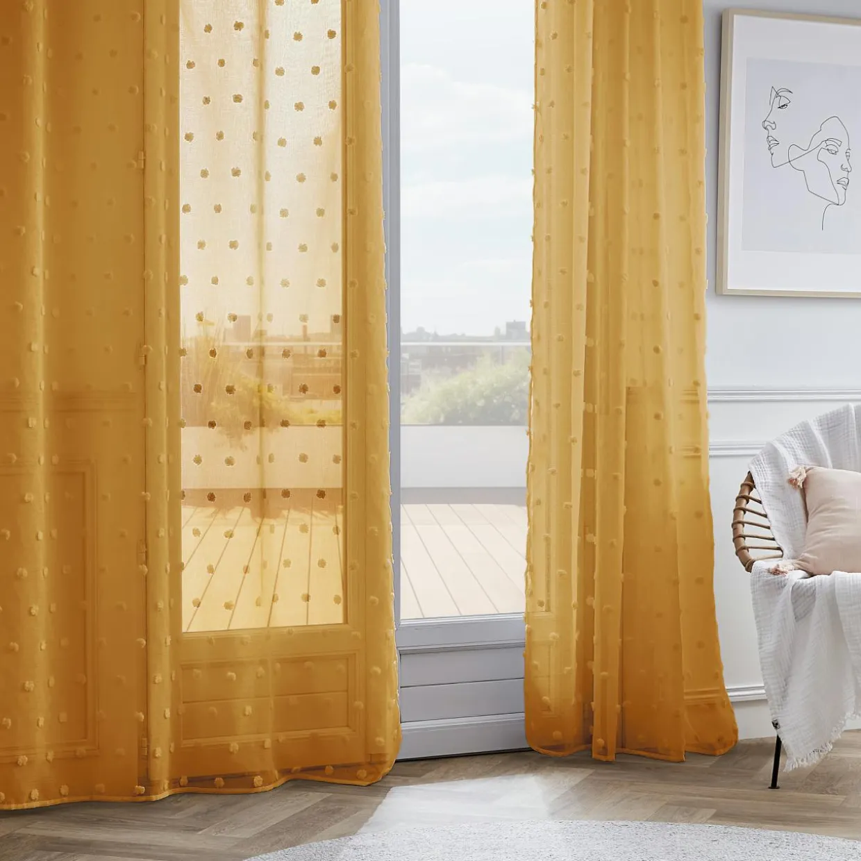 Voilage oeillets pompons (140 x 240 cm) Emie Jaune moutarde