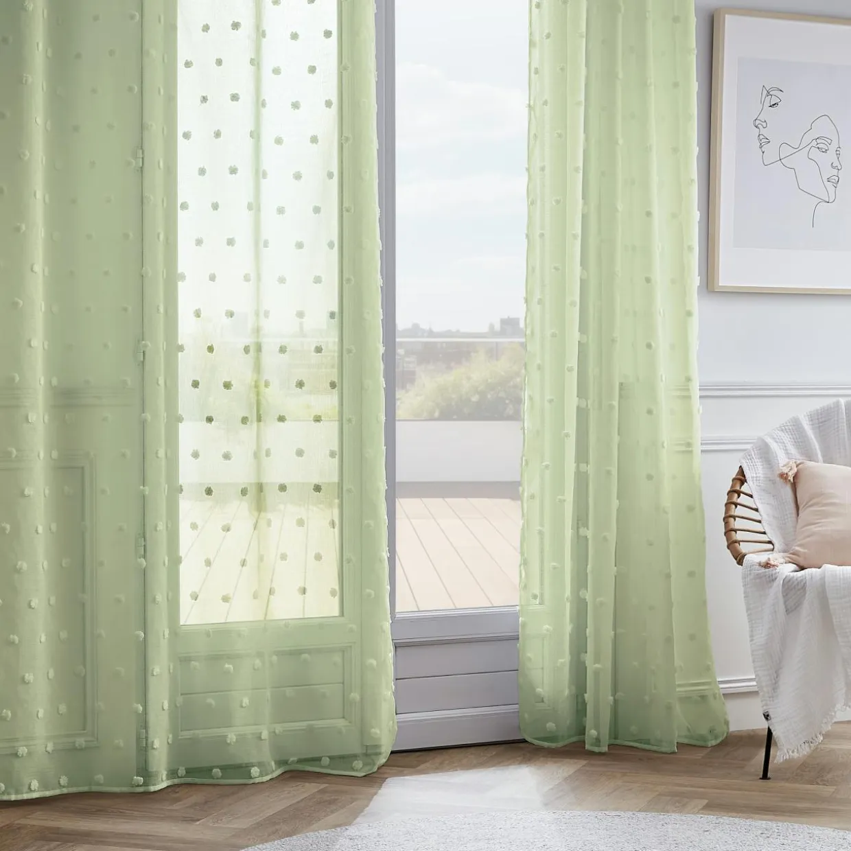 Voilage oeillets pompons (140 x 280 cm) Emie Vert d'eau