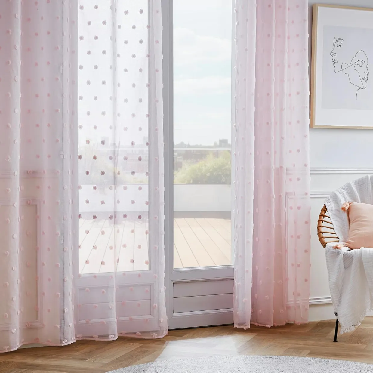 Voilage oeillets pompons (140 x 240 cm) Emie Rose
